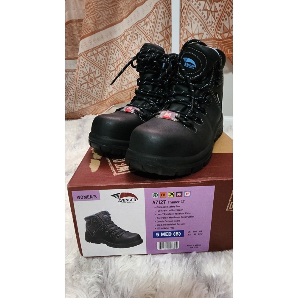 Avenger Women's Black Leather Work Boots Lace Up‎ Composite Safety Toe Size 5